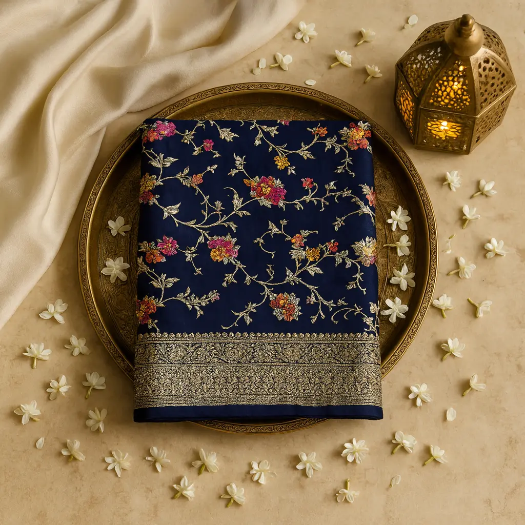 Elegant Navy Blue Designer Saree With Floral Zari Embroidery