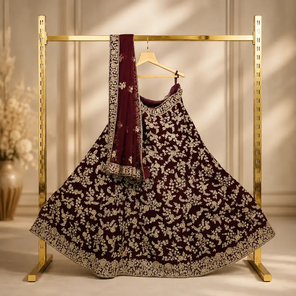 Women's Deep Wine Bridal Lehenga Choli with Gold Floral Embroidery and Matching Dupatta