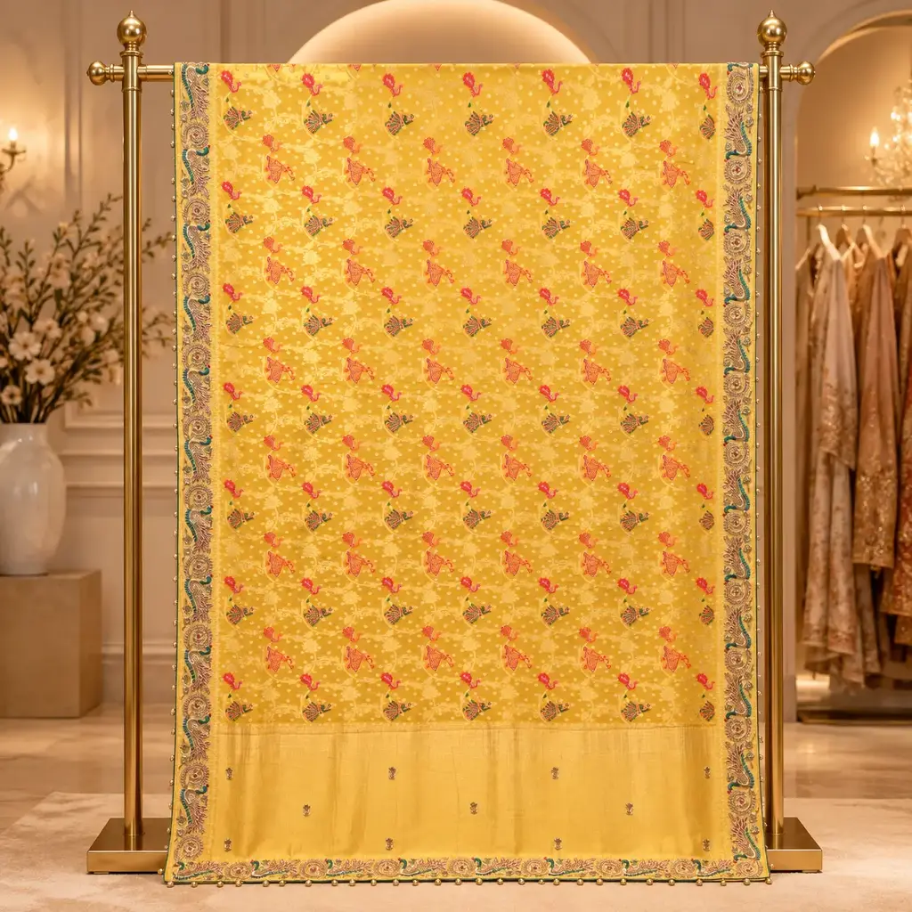 Yellow Floral Printed Saree with Multicolor Blossom Motifs and Elegant Border