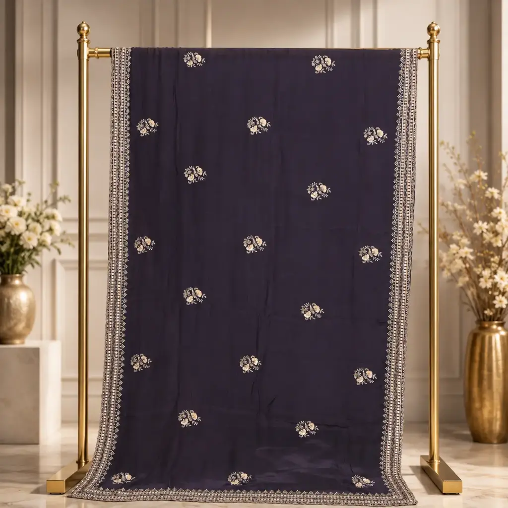 Deep Purple Saree with Floral Embroidery and Ornate Border