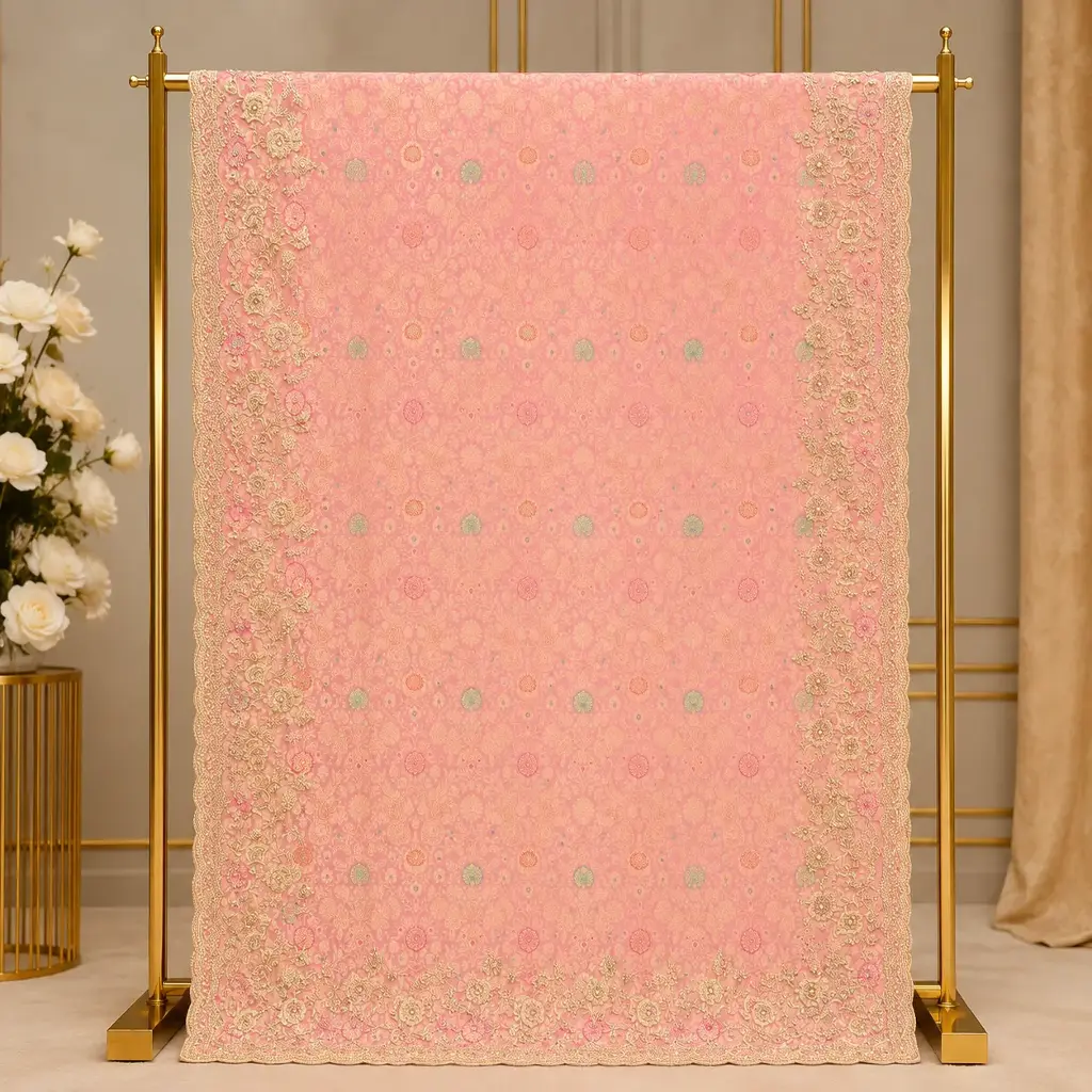Elegant Blush Pink Saree with Floral Embroidery and Scalloped Border
