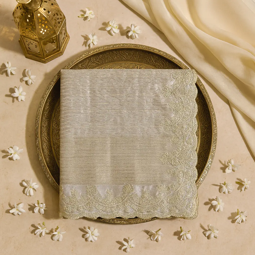 Luxurious Champagne Gold Tissue Saree with Scalloped Zari Border 