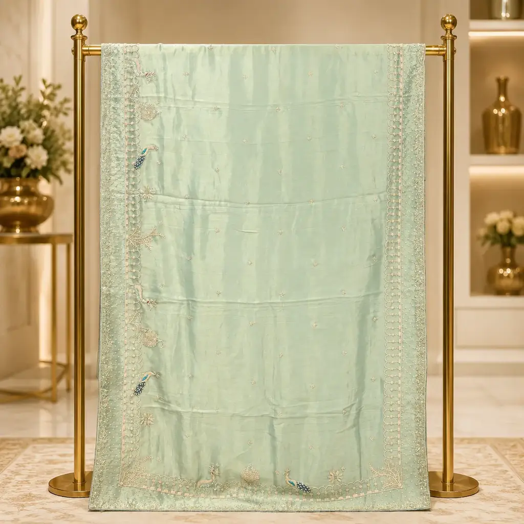 Women's Mint Green Saree with Peacock Embroidery and Beaded Designer Border