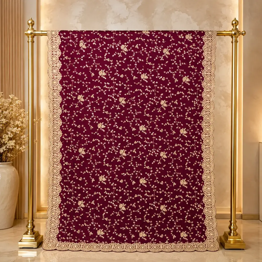 Maroon Saree with Floral Vine Embroidery and Scalloped Beaded Border