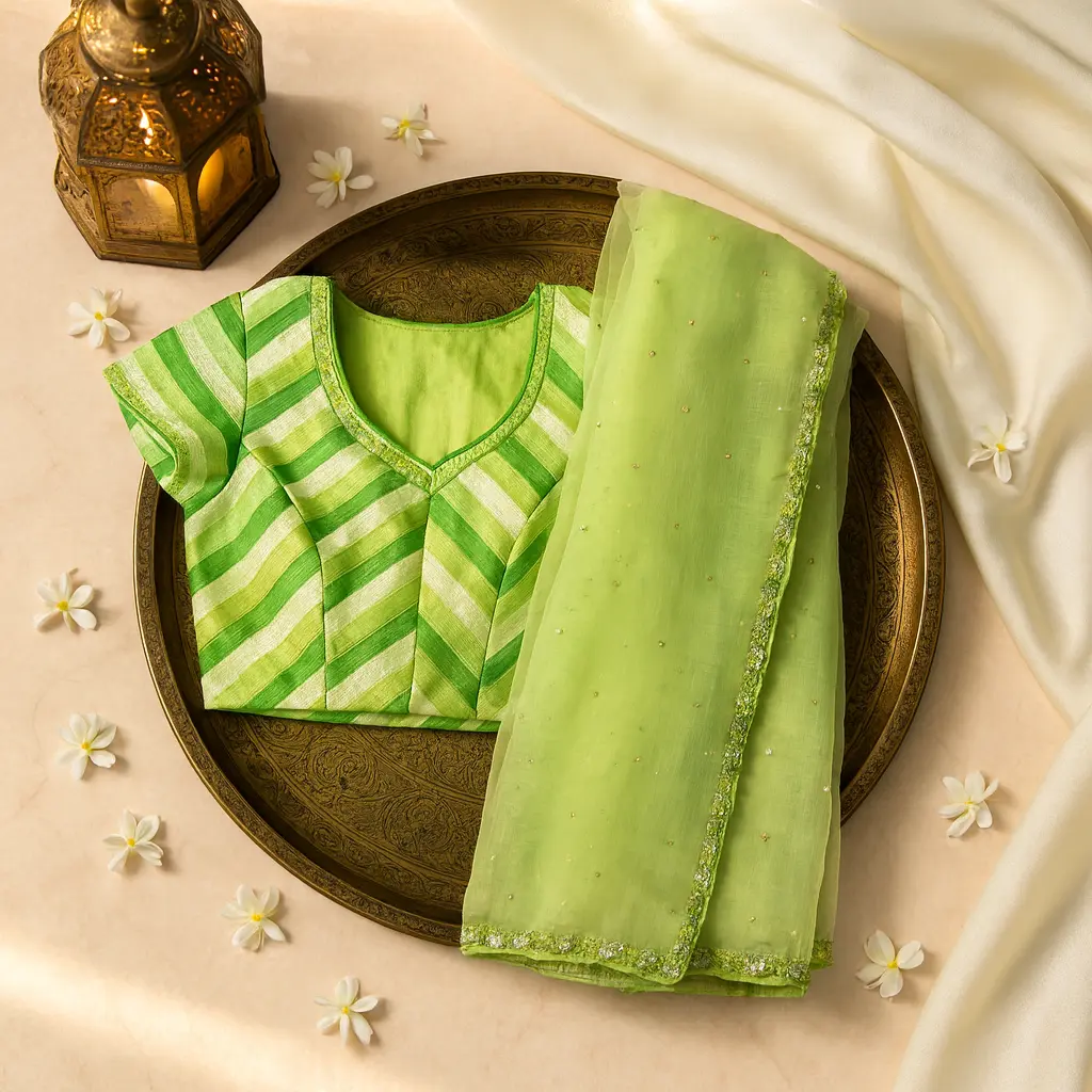 Elegant Lime Green Designer Saree with Striped Blouse Piece