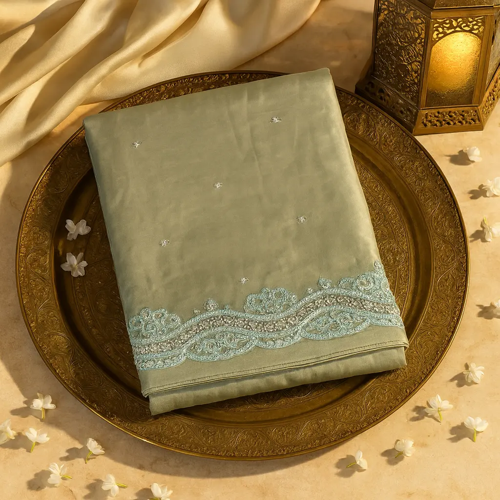 Elegant Sage Green Organza Saree with Mirror Work Embellishments