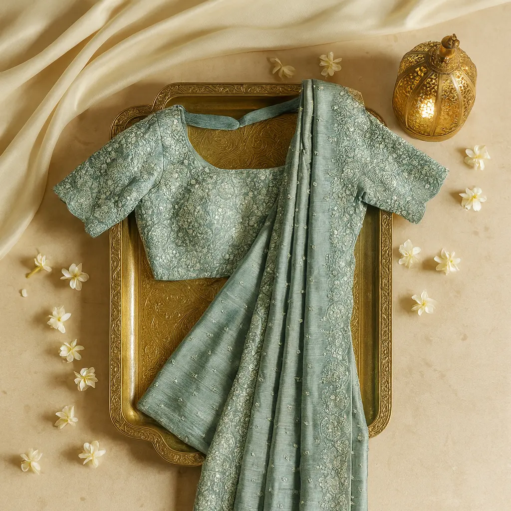 Elegant Sage Green Mirror-Work Silk Saree with Matching Blouse