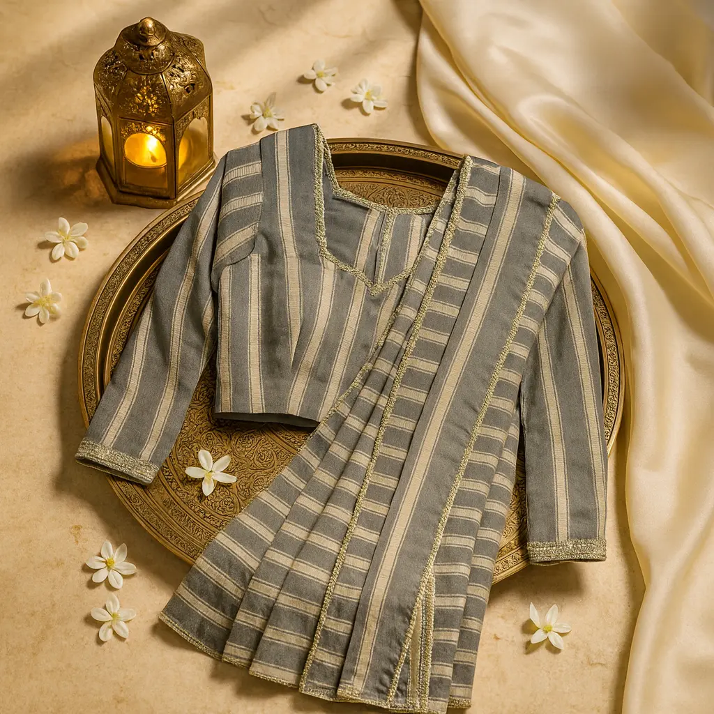 Elegant Grey Striped Saree With Sequin Detailing