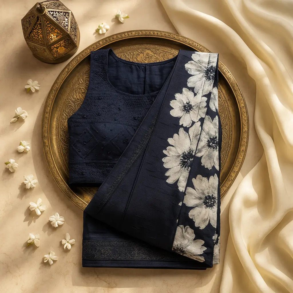Elegant Black and White Floral Embroidered Designer Saree