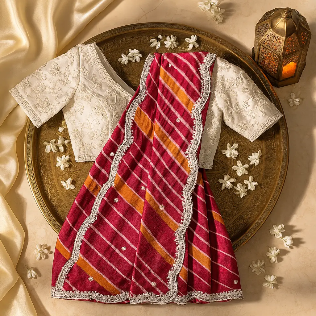 Vibrant Leheriya Saree with Embellished Scalloped Border