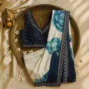 Elegant Off-White Saree With Sequinned Navy Blue Designer Blouse
