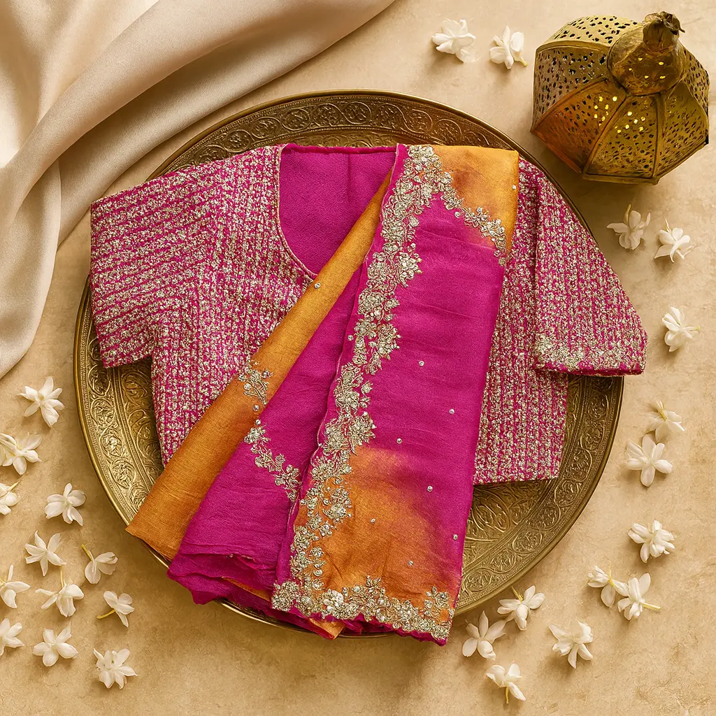 Luxury Pink and Orange Dual-Tone Designer Saree with Embroidery