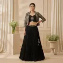 Black Embroidered Jacket, Crop Top and Crushed Skirt Set