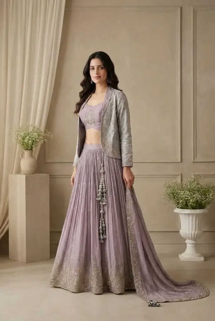 Lilac Mauve Embroidered Crop Top Skirt Set with Jacket
