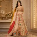 Women's Beige Orange Embroidered Lehenga Choli with Multicolor Dupatta for Wedding Festive Wear Sets