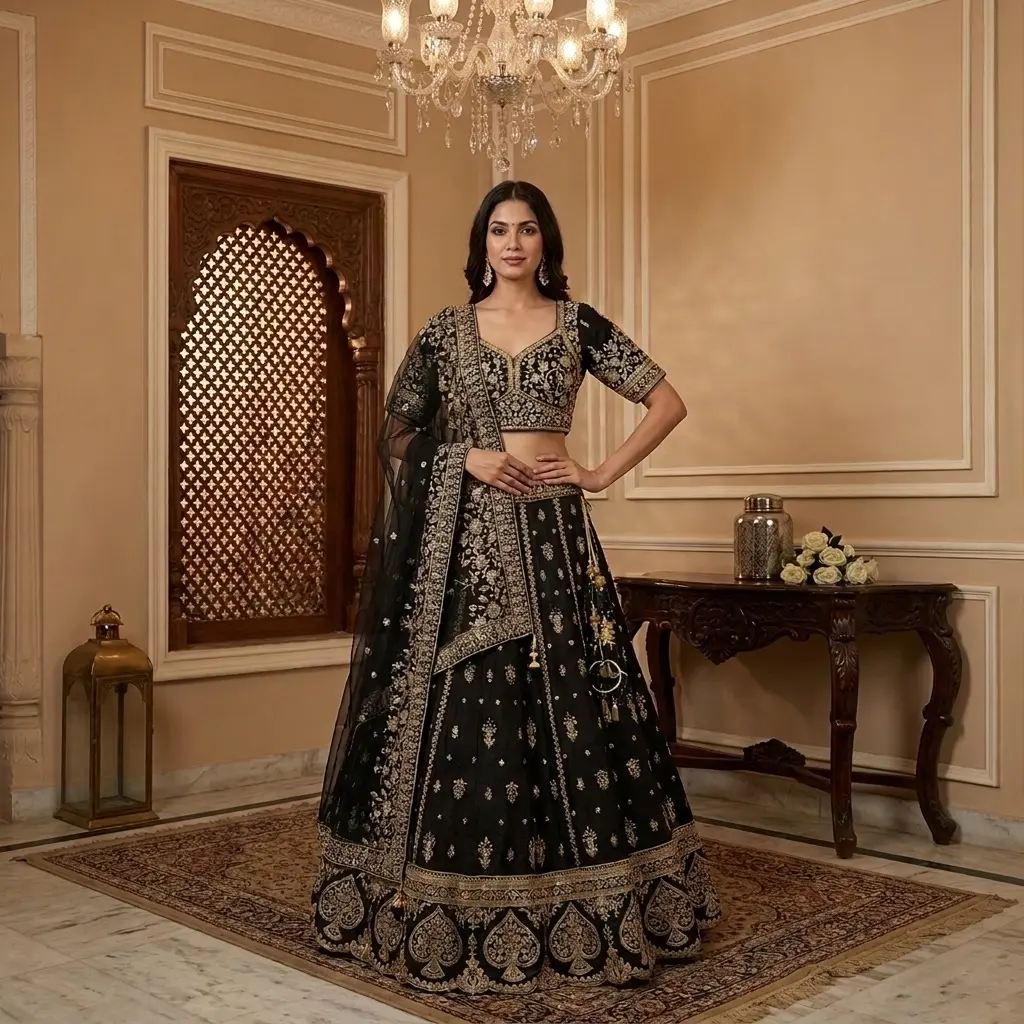 Black Embroidered Silk Bridal Lehenga Choli Set