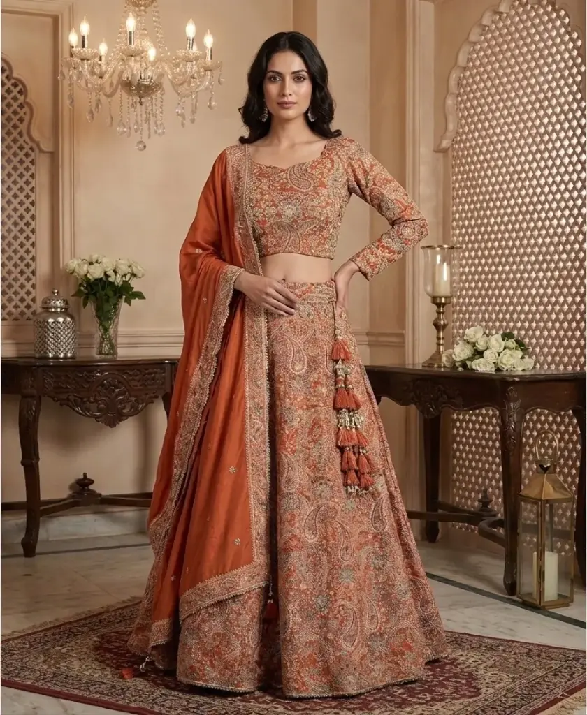 Rust Orange Hand Embroidered Silk Paisley Lehenga Choli Set