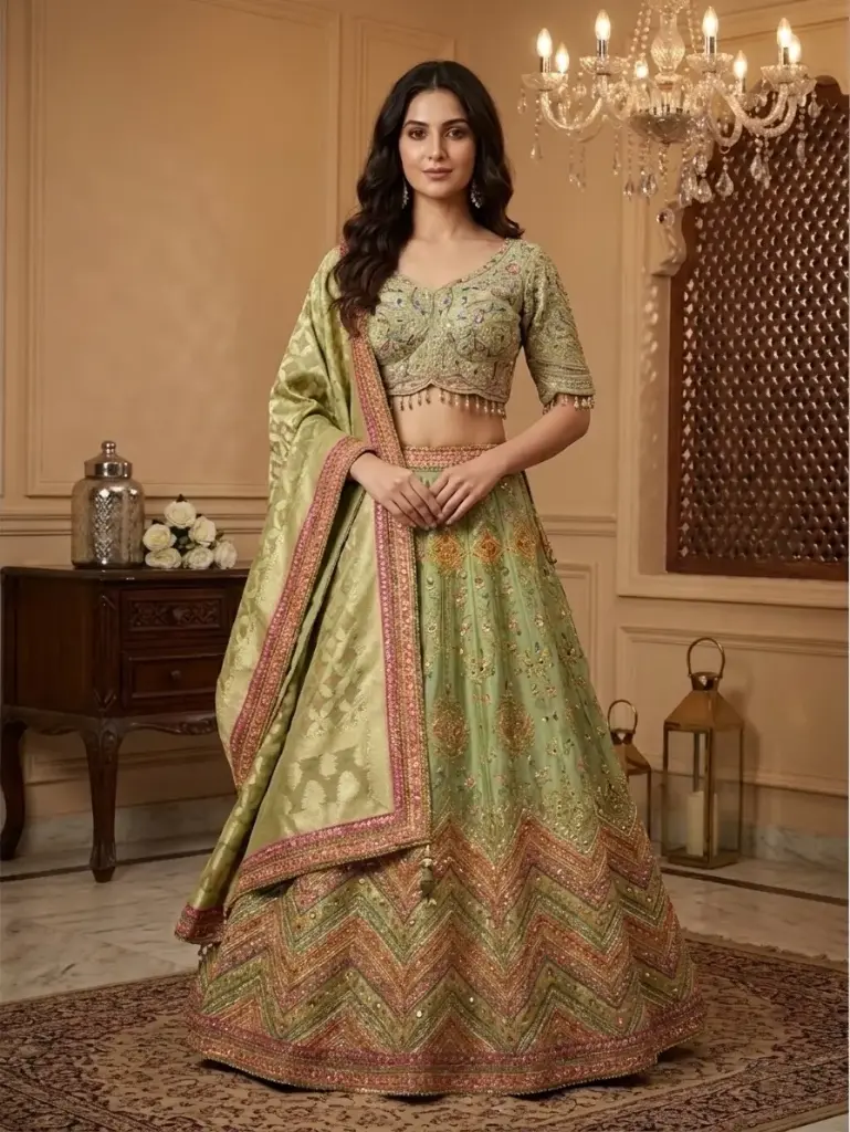 Pistachio Green Silk Embroidered Lehenga Set with Banarasi Dupatta