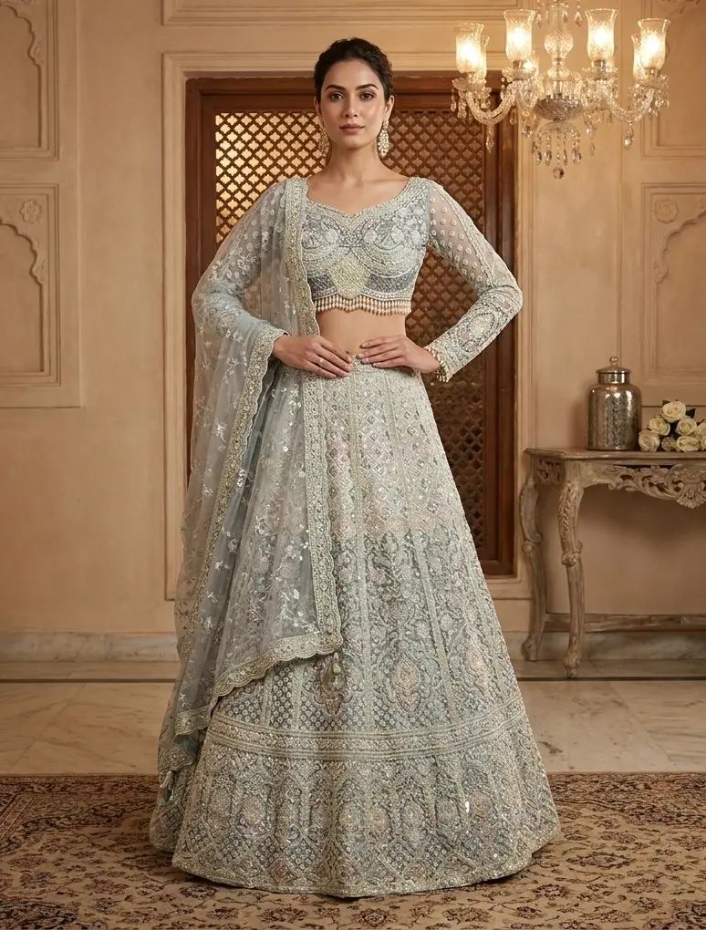 Powder Blue Hand-Embroidered Net Lehenga Set with Pearl Tassels