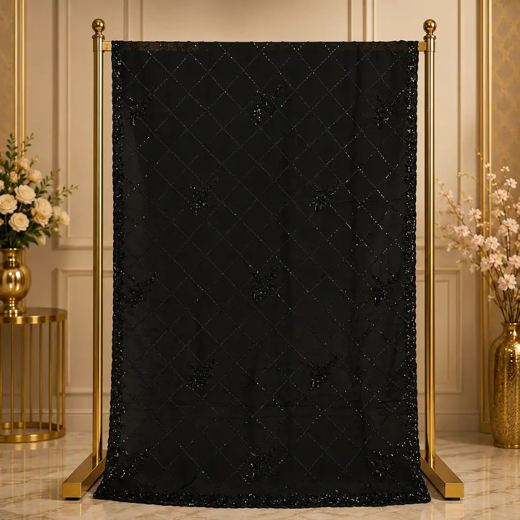 Elegant Black Net Saree with Sequin Lattice, Floral Motifs and Beaded Border