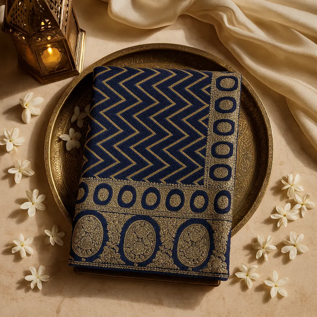 Elegant Navy Blue Designer Saree with Gold Zari Border