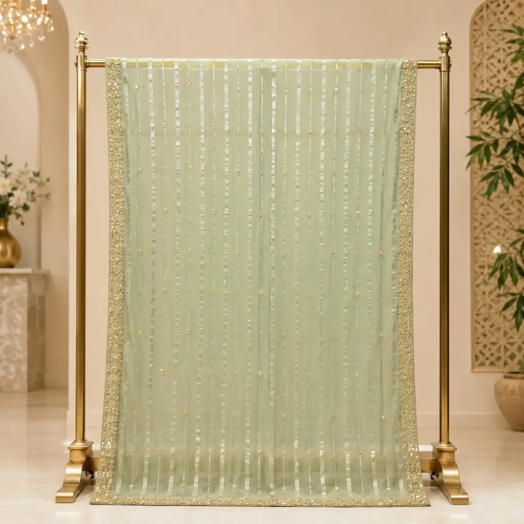 Mint Green Embellished Saree with Metallic Stripes and Floral Buti Border
