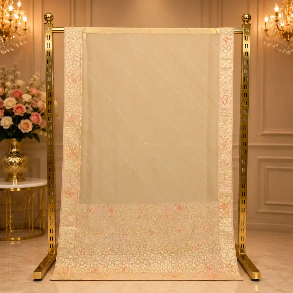 Elegant Ivory Saree with Shimmer Stripes, Embroidered Border