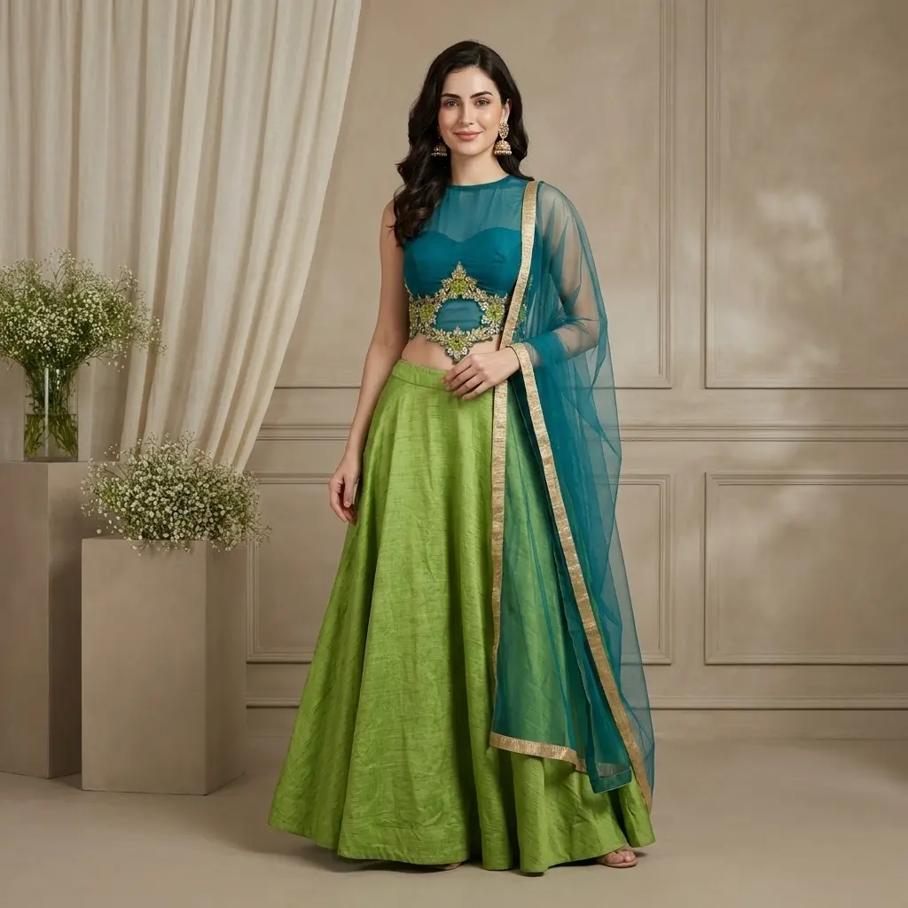 Peacock Blue and Lime Green Embroidered Crop Top Skirt Set