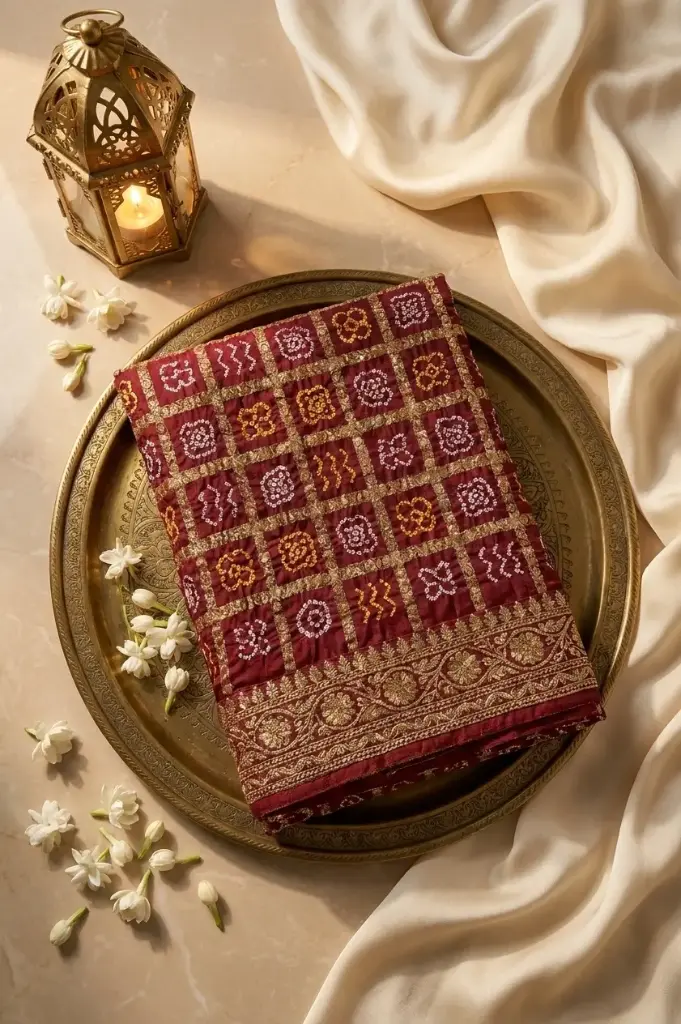 Maroon Gaji Silk Nakshi Check Bandhani Saree