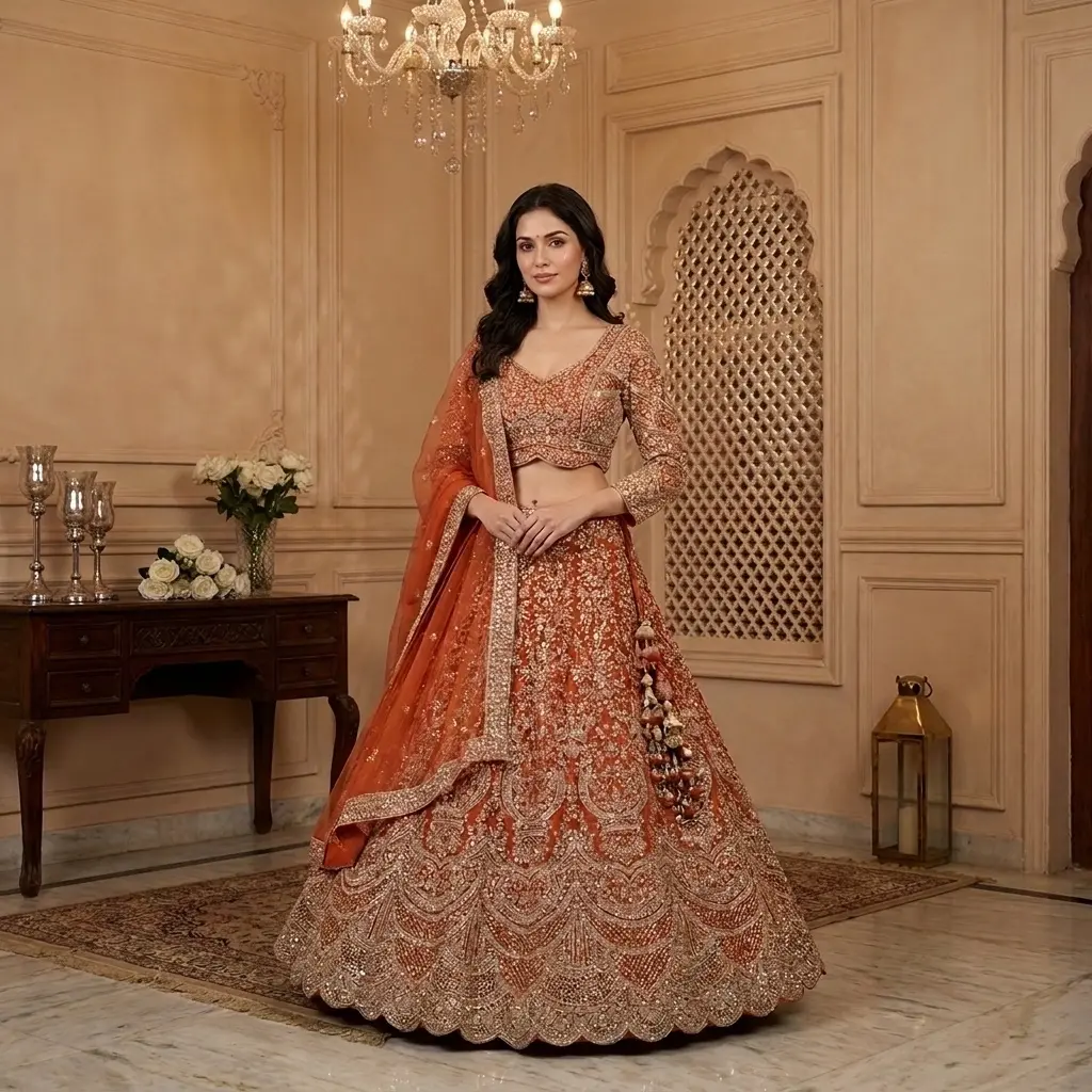 Rust Orange Embroidered Net and Silk Bridal Lehenga Choli