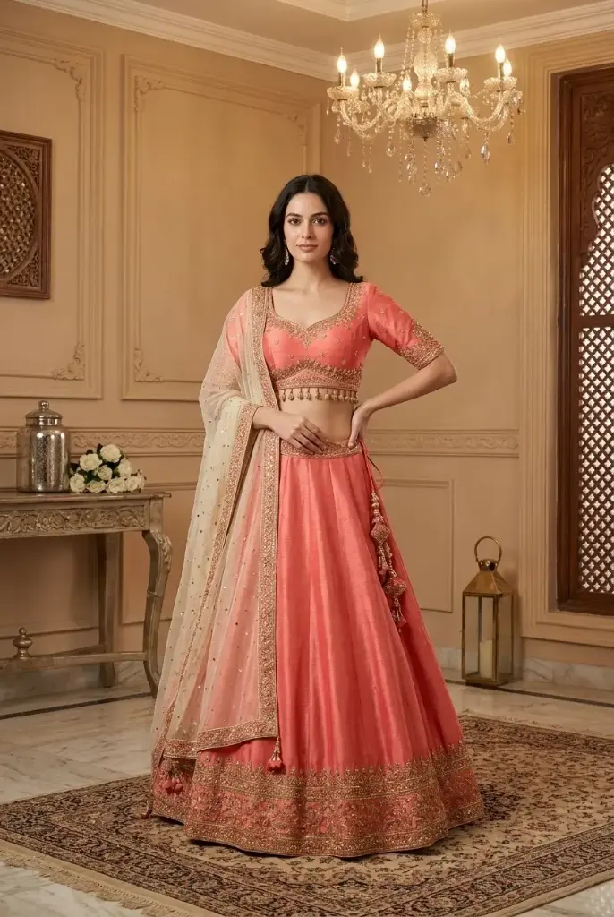 Coral Silk Embroidered Chanya Choli Lehenga Set with Dupatta