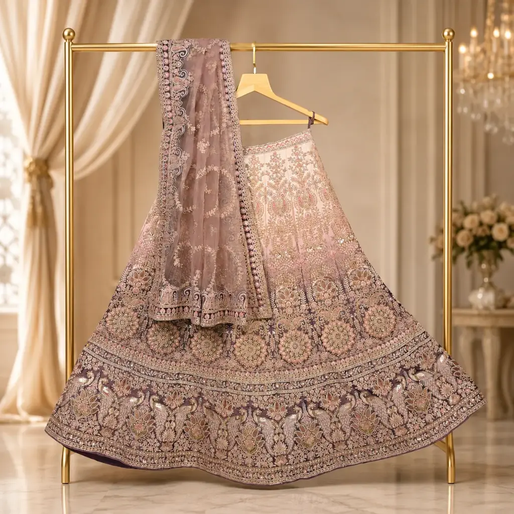 Women's Designer Blush Pink Bridal Lehenga Choli Set with Heavy Embroidery, Sequins and Net Dupatta