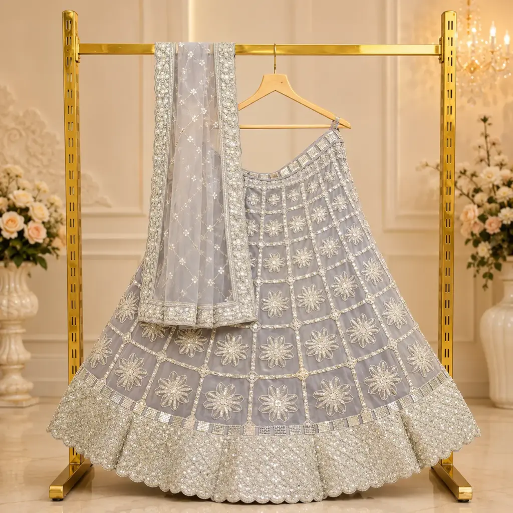 Women's Grey Embroidered Lehenga Choli with Matching Dupatta