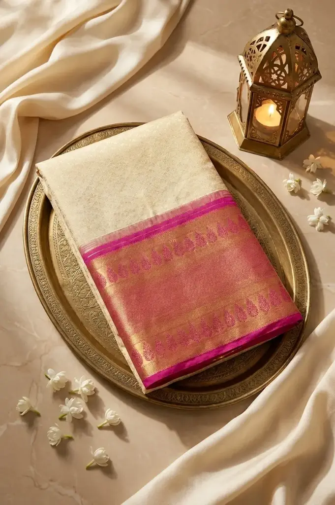 Cream and Rani Pink Pure Kanchipuram Silk Saree