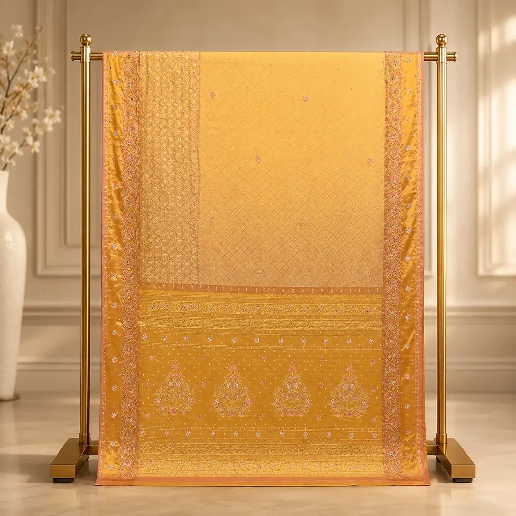 Women's Mustard Gold Designer Saree with Mirror Embroidery and Ornate Border