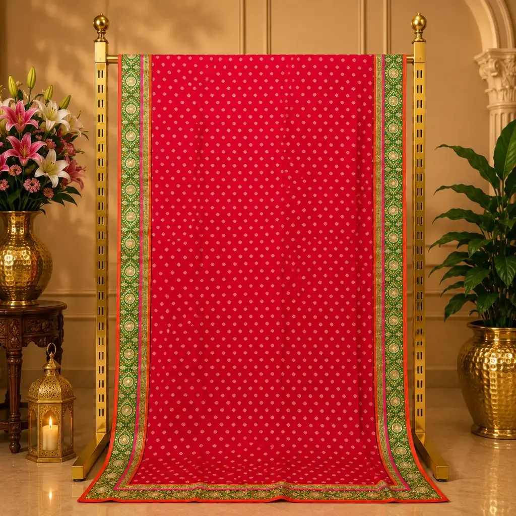 Women's Red Saree with Silver Buti Motif and Green Embroidered Border