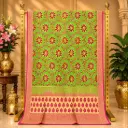 Women's Green Saree with Pink Floral Vines, Leaf Pallu and Geometric Border