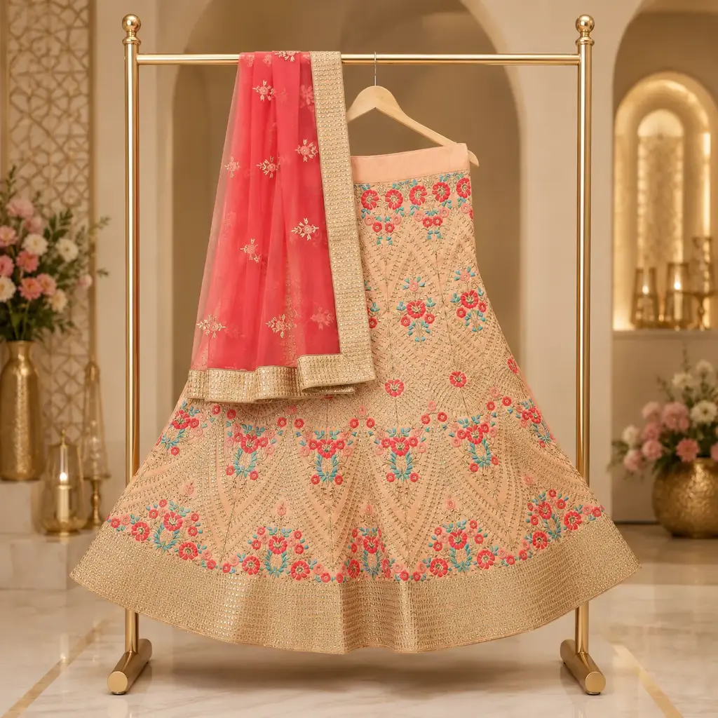 Women's Peach Floral Lehenga Choli with Red Net Dupatta