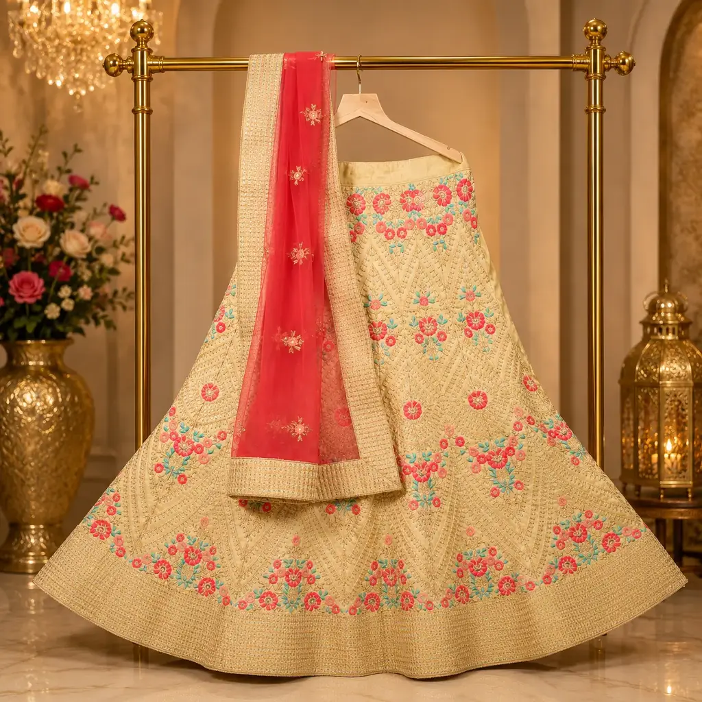 Women's Cream Floral Embroidered Lehenga Choli with Coral Dupatta