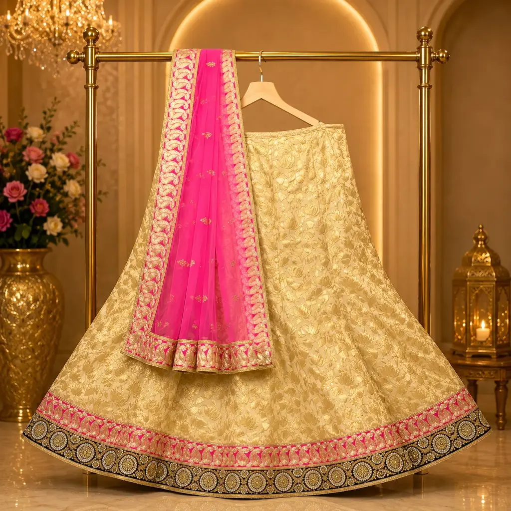 Womens Golden Beige Floral Jacquard Lehenga Choli with Pink Dupatta