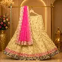 Womens Golden Beige Floral Jacquard Lehenga Choli with Pink Dupatta