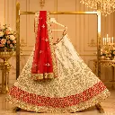 Women's Ivory Gold Embroidered Lehenga Choli with Red Net Dupatta