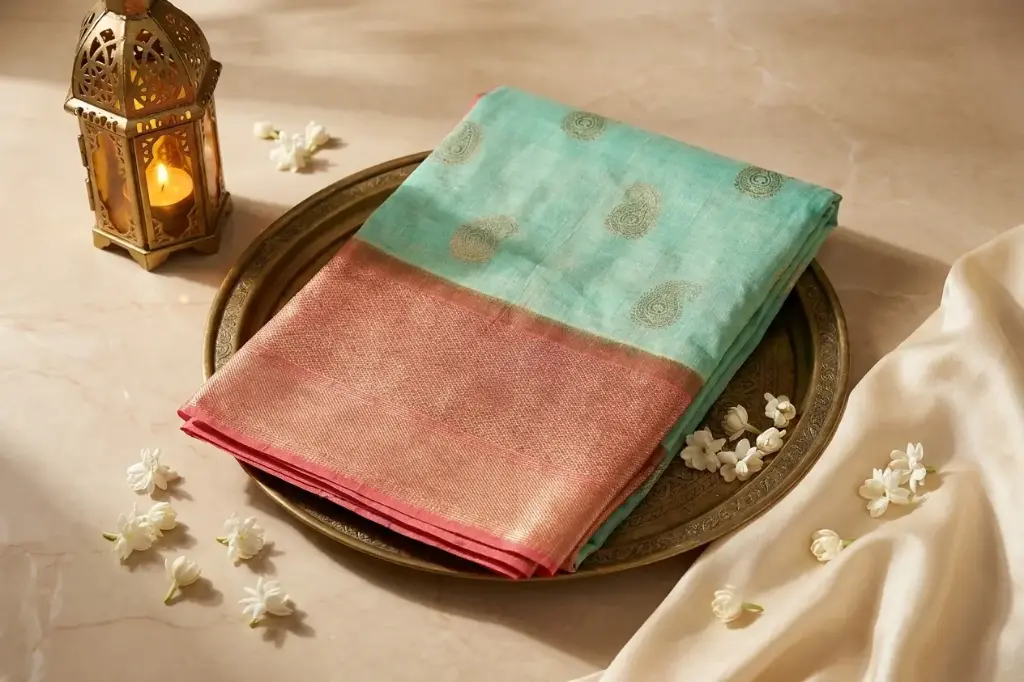 Sea Green Silk Saree with Coral Zari Border