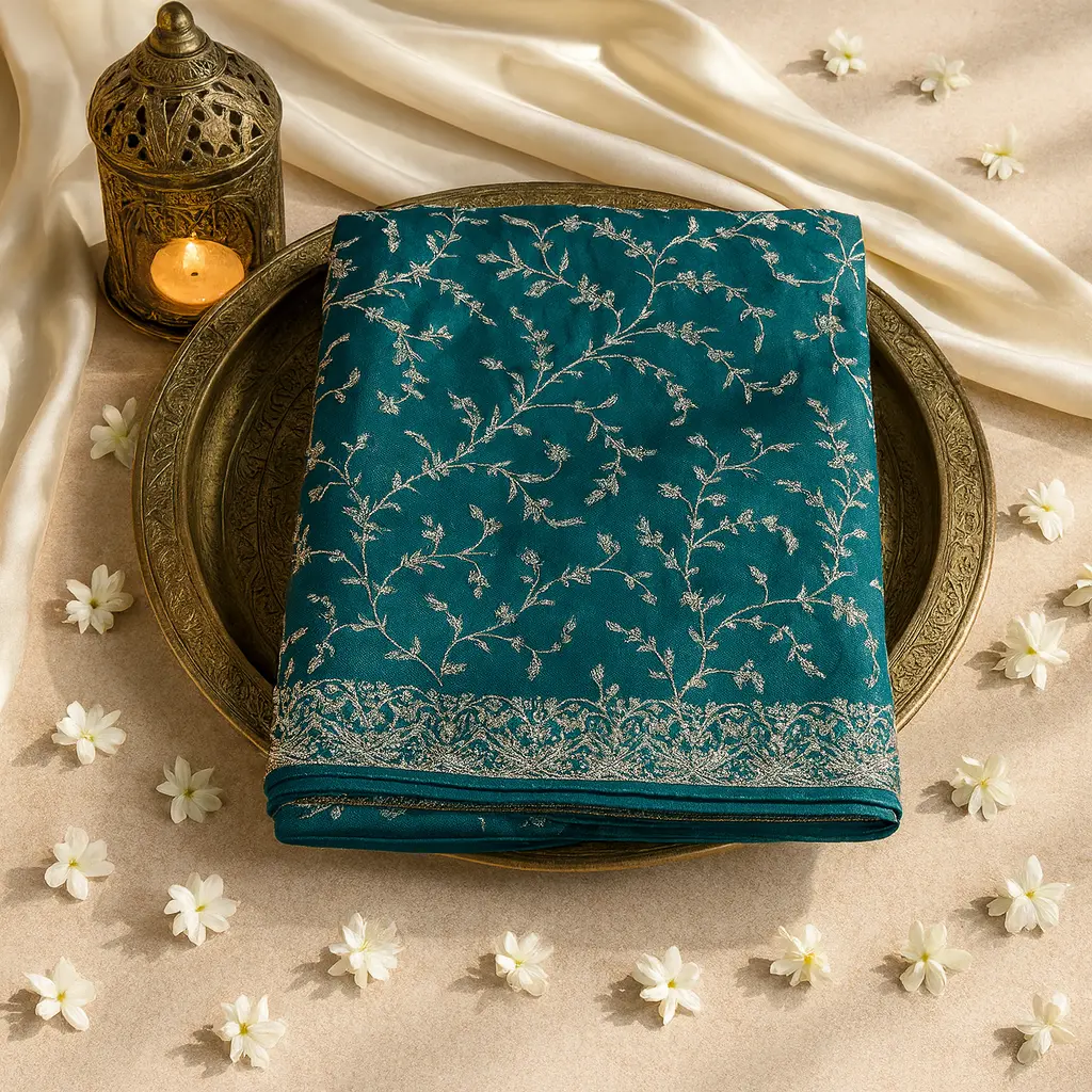 Exquisite Teal Embellished Saree with Intricate Silver Floral Embroidery