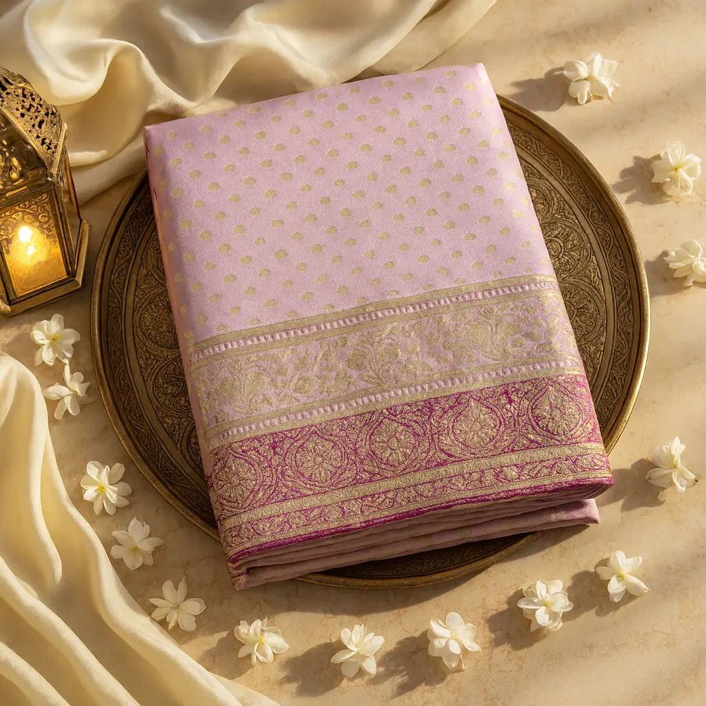 Luxury Pastel Pink Banarasi Silk Saree with Magenta Border