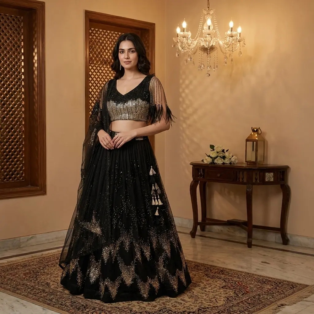 Midnight Black Sequin Embroidered Net Lehenga Choli Set