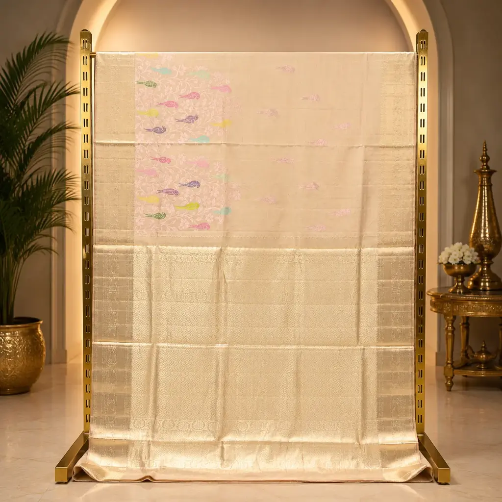 Elegant Champagne Gold Saree with Pastel Bird Motifs and Ornate Woven Pallu