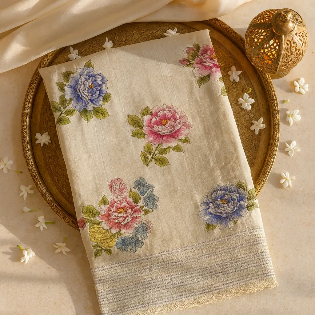 Elegant Cream Silk Saree With Exquisite Floral Embroidered Applique