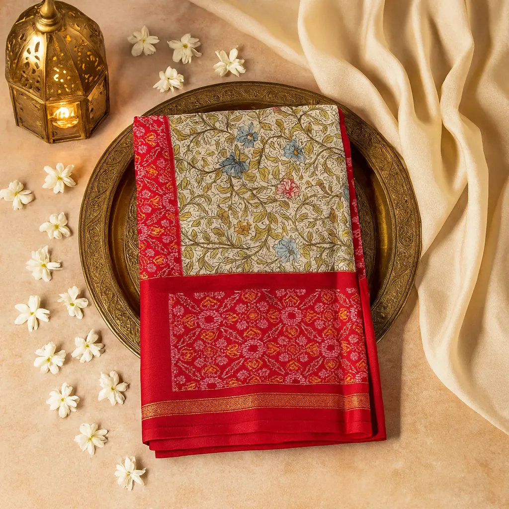 Exquisite Floral Print Saree with Traditional Ikat Border