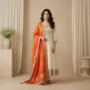 Ivory Embroidered Silk Kurti Set with Orange Bandhani Dupatta